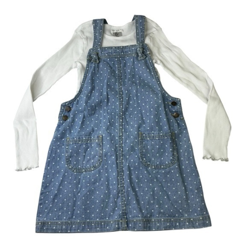 Max Studio Kids Denim Blue Overall Dress with Matching White Long Sleeve Shirt‎